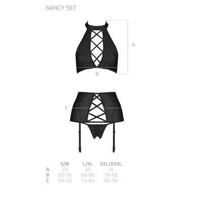 Комплект з еко-шкіри з імітацією шнурівки Passion NANCY SET L/XL black топ, трусики, пояс для панчіх SO5373 фото